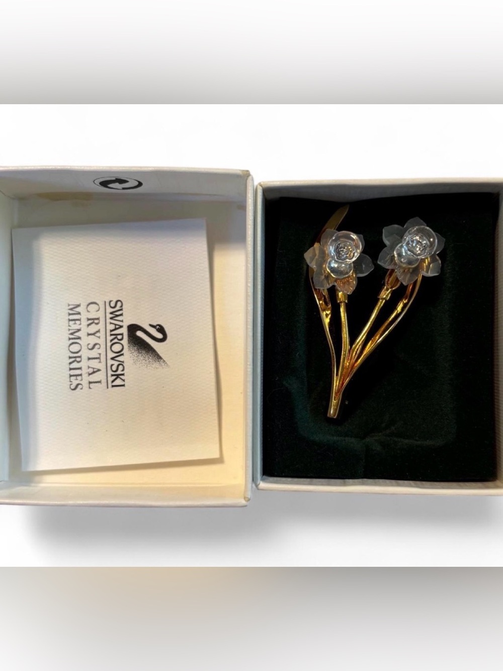 Swarovski Crystal Brooch Memories Daffodil Flowers Pin Swan Logo Gold-tone 1.75”